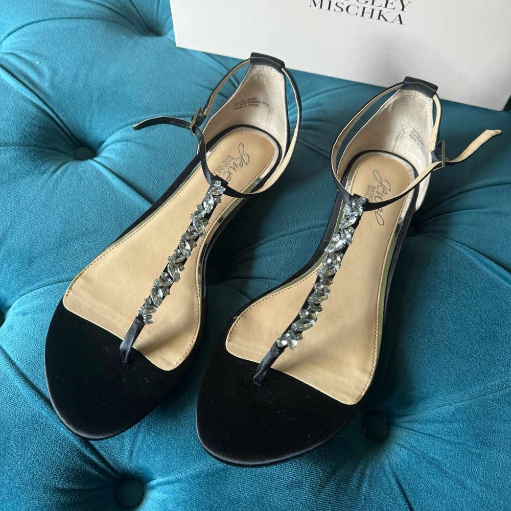 Jewel Badgley Mischka Carrol Black Satin Flat Sandals